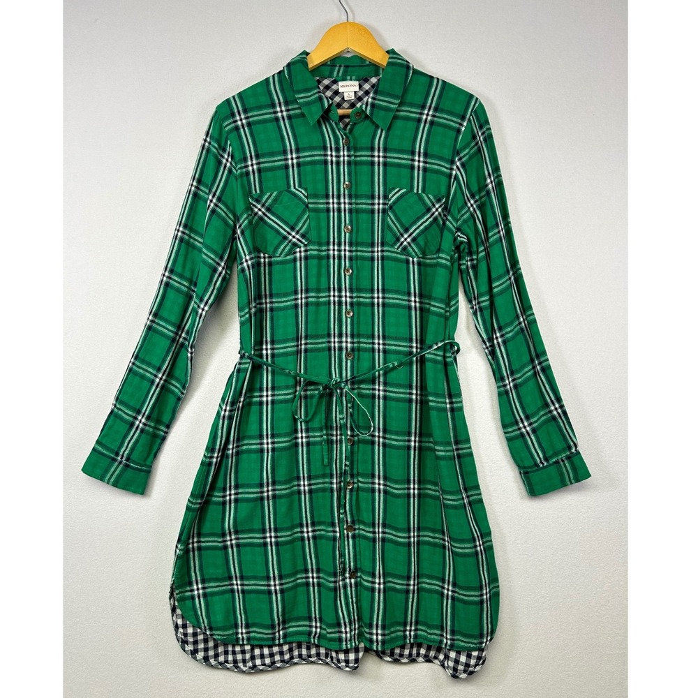 Lumberjack Merona Women Large Green Plaid Cotton Button Front Belted Shirt Dress